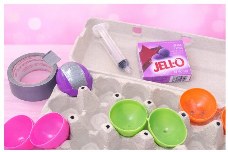 ingrédients et matériel pour faire des œufs de Pâques au Jell-O 