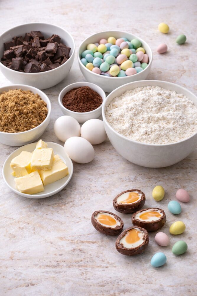 Ingrédients pour faire un brownies de Pâques