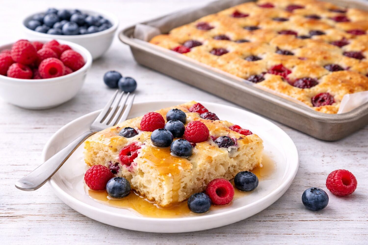 Présentation finale d'une portion de crêpe-dans-une-tôle avec des petits fruits et du sirop