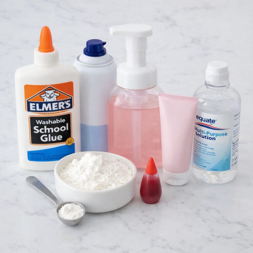 ingrédients de la fluffy slime sans bora sur le comptoir