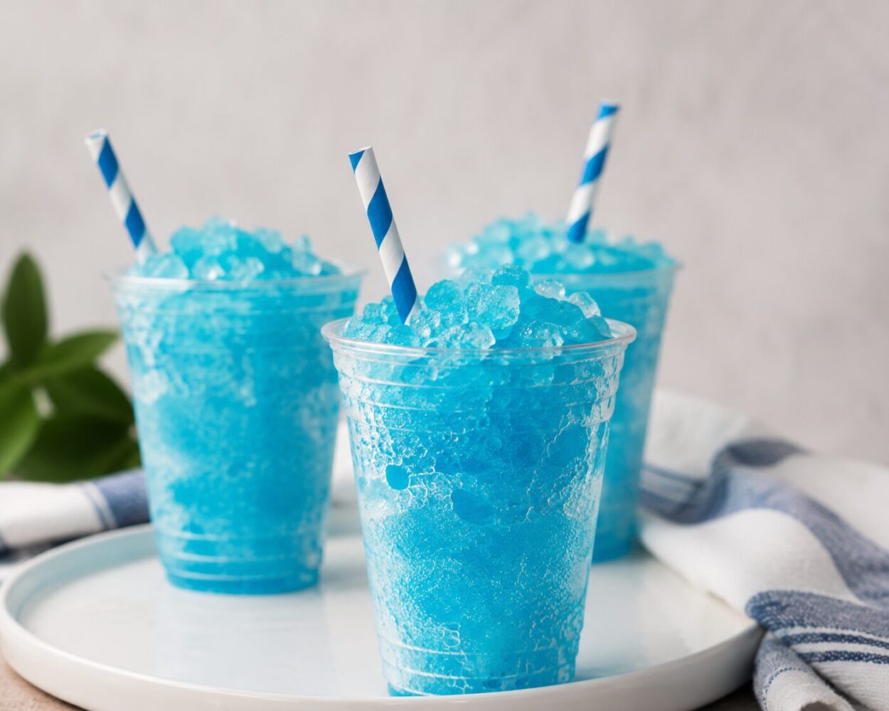 3 verres de slush bleu maison avec des pailles