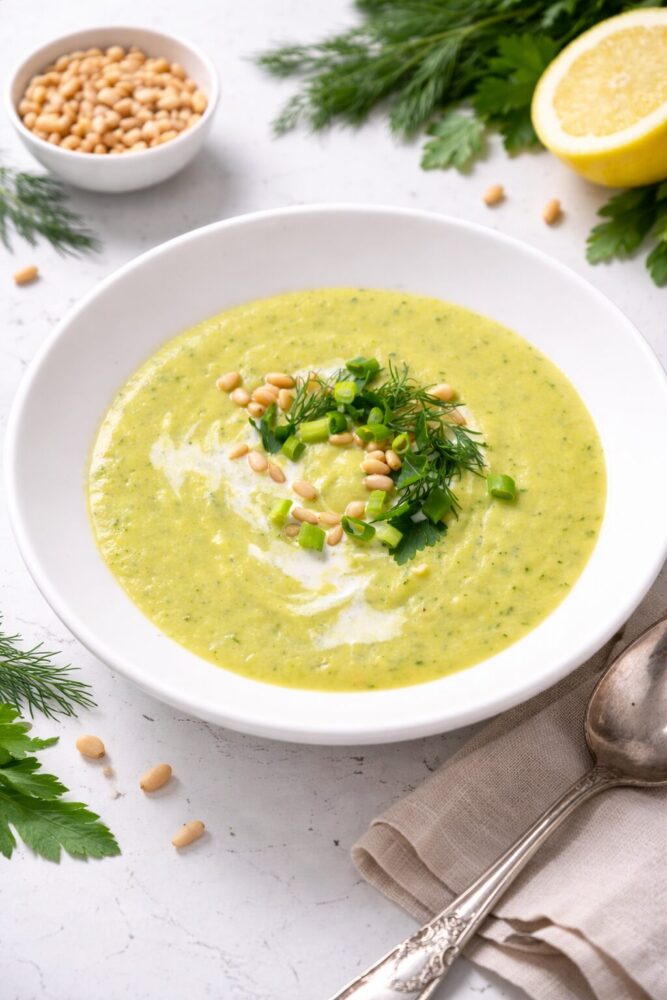 Potage de courgettes et lentilles corail servi dans un bol avec des fines herbes.