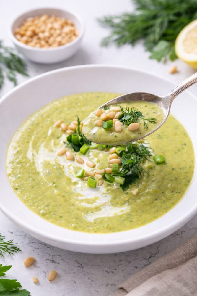 Cuillère de Potage crémeux à la courgette et lentilles corail servi dans un bol avec des fines herbes.