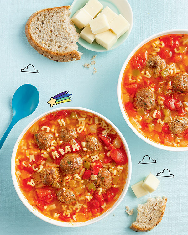 soupe aux boulettes avec nouilles alphabet pour enfants difficiles
