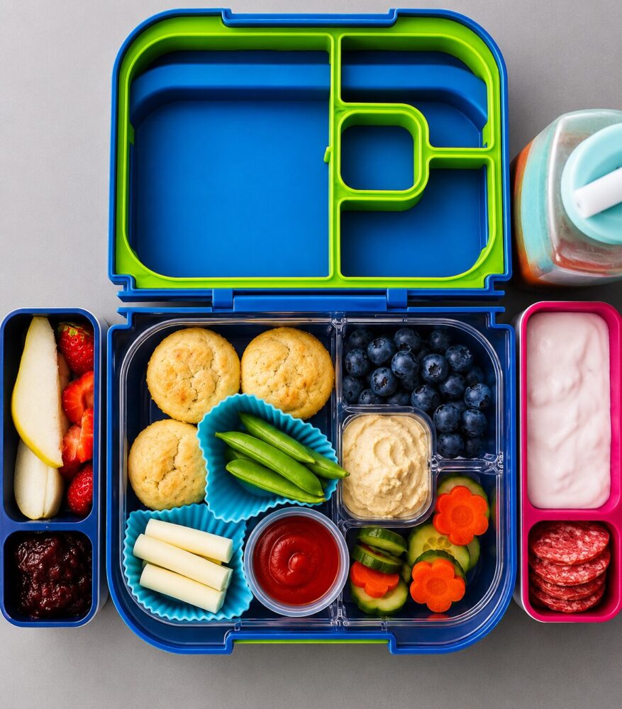 Lunch du lundi dans une boîte à bento avec muffins salés, tortillons, pois mange-tout, concombres, poivrons orange, houmous et bleuets.