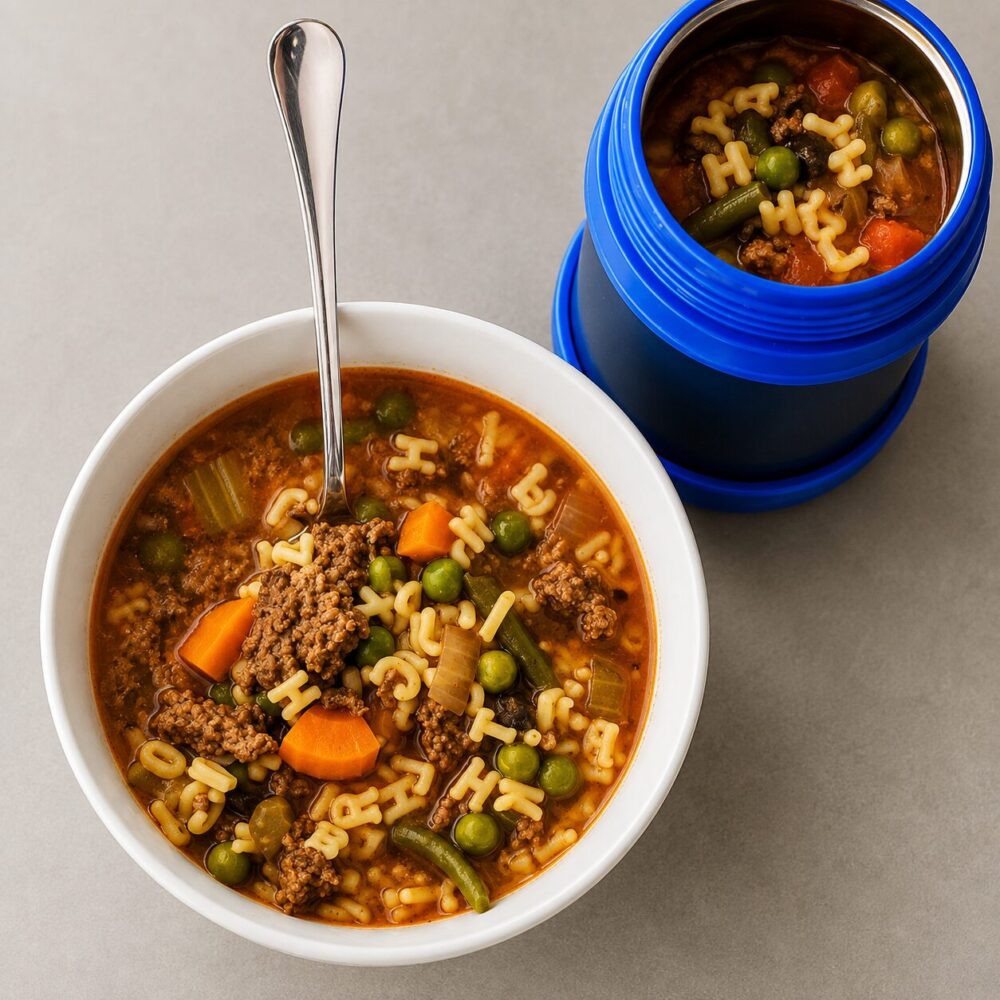 Soupe à l’alphabet avec légumes et bœuf haché servie dans un bol avec un thermos bleu.