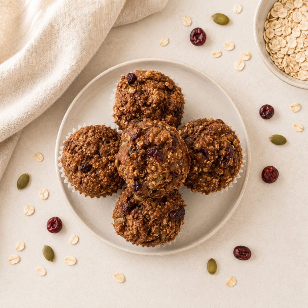 assiette de recette de muffins santé sur fond beige vue en plongée