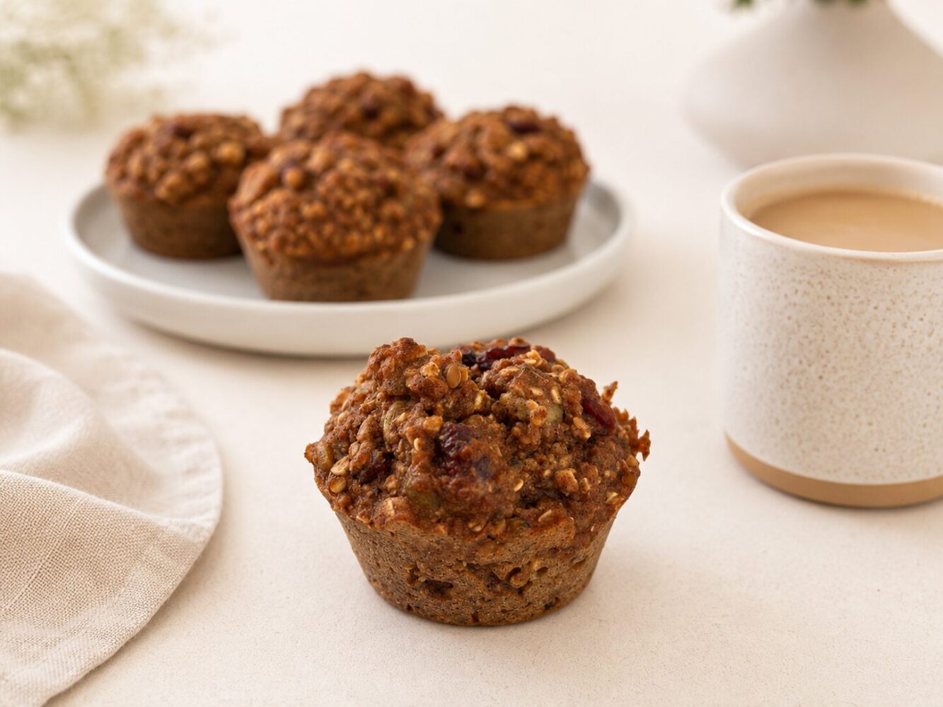 plan rapproché sur un muffins santé pour déjeuner avec une assiette de muffins en fond