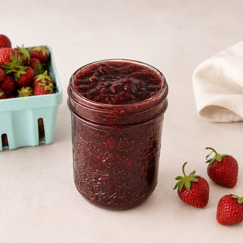 Pot de confiture au fraises maison avec un panier de fraises fraîches