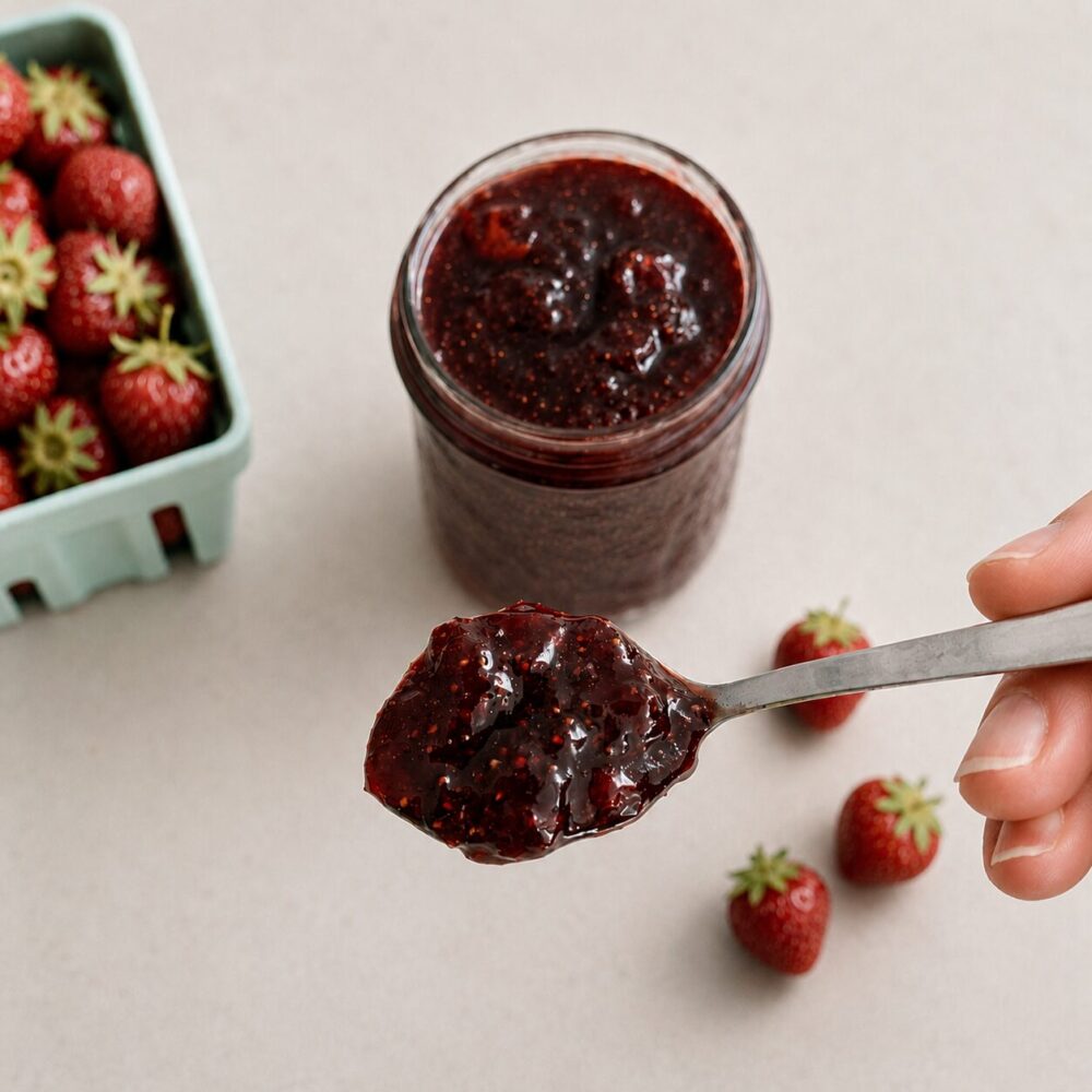 Pot de confiture aux fraises maison avec une cuillère de confiture